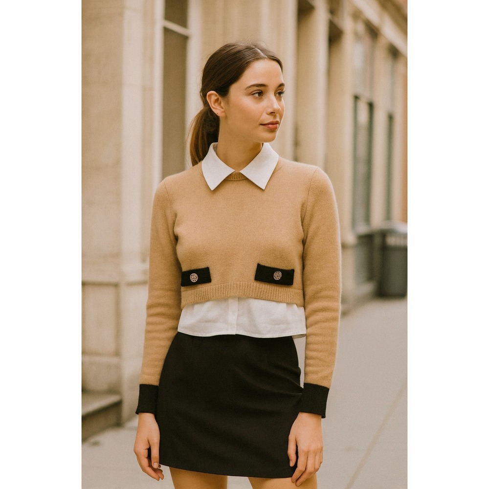Sandro Tan and Black Crew Neck Sweater